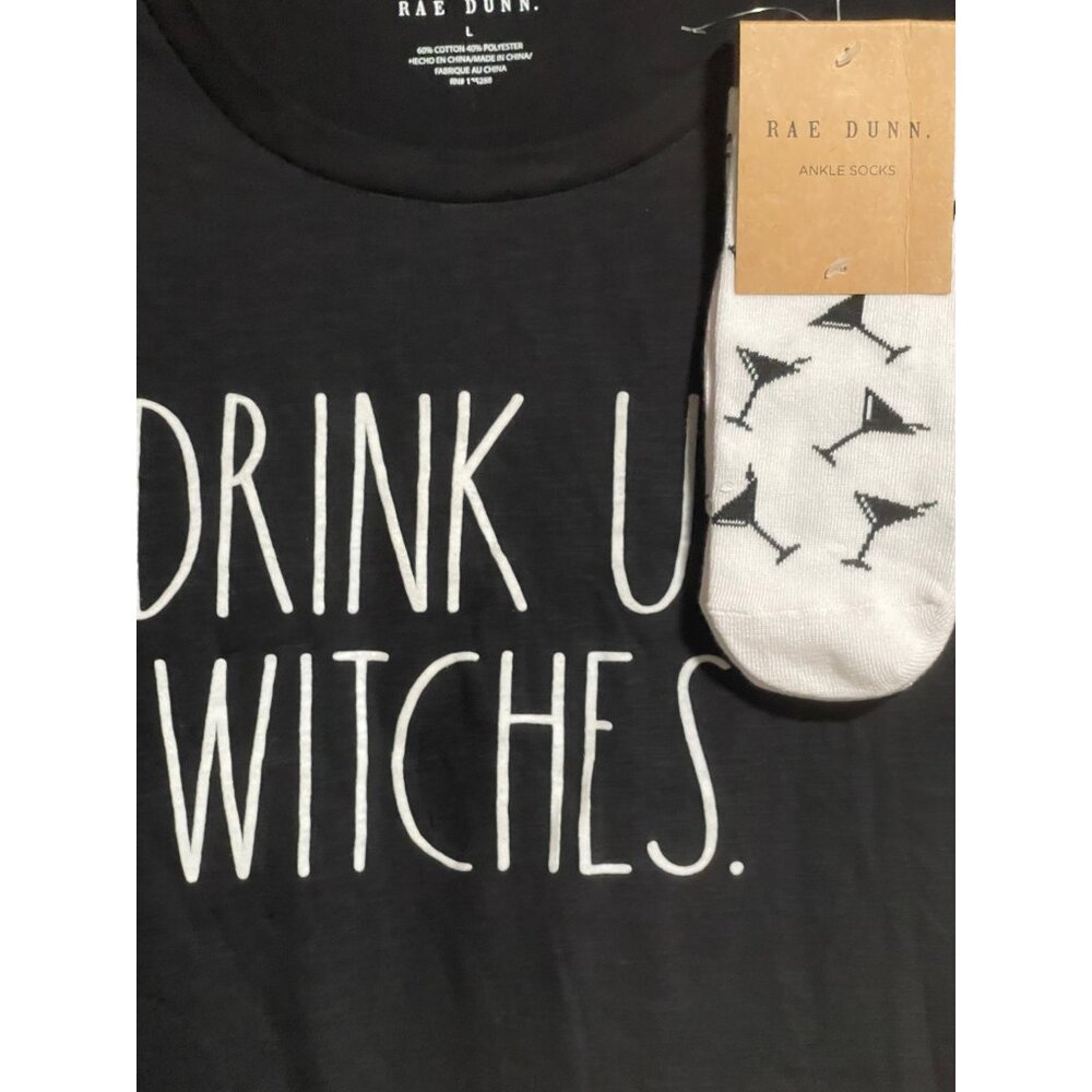 Rae Dunn Drink Up Witches T-Shirt With Ankle Socks Womens L Black & White - Picture 3 of 10